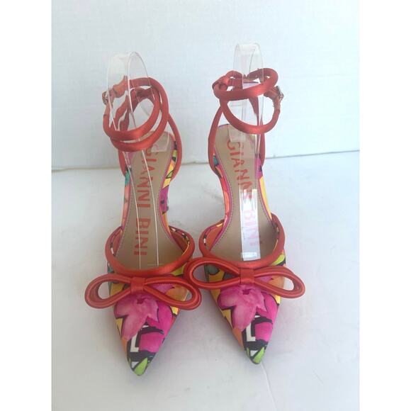 NWT Gianni Bini Floral Print High Heel Pointy Toe Bow Ankle Wrap Sandals Sz 7.5 - Picture 3 of 9